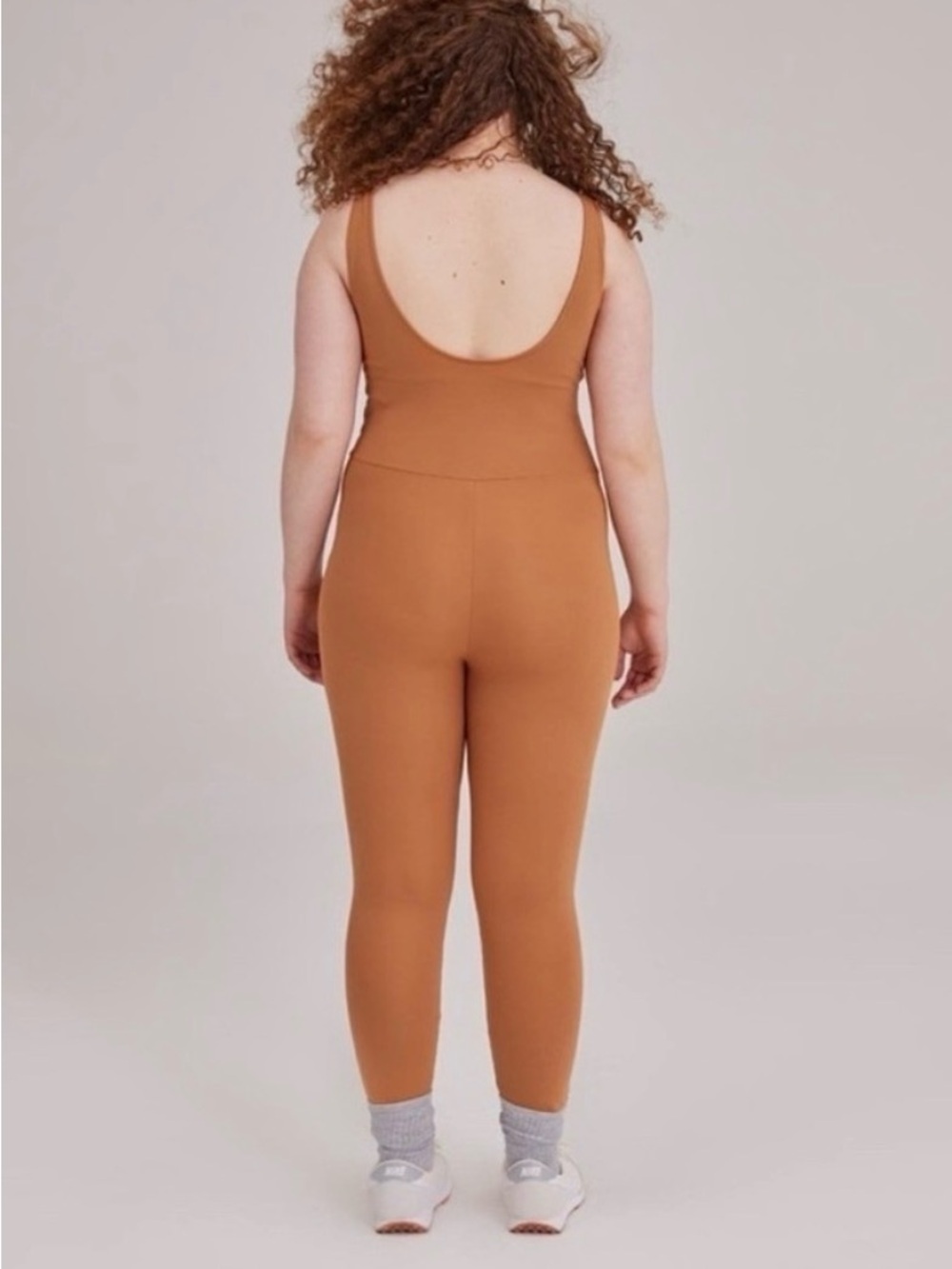 Girlfriend Collective Twig Scoop Unitard in Saddle Tan Onesie Jumpsuit